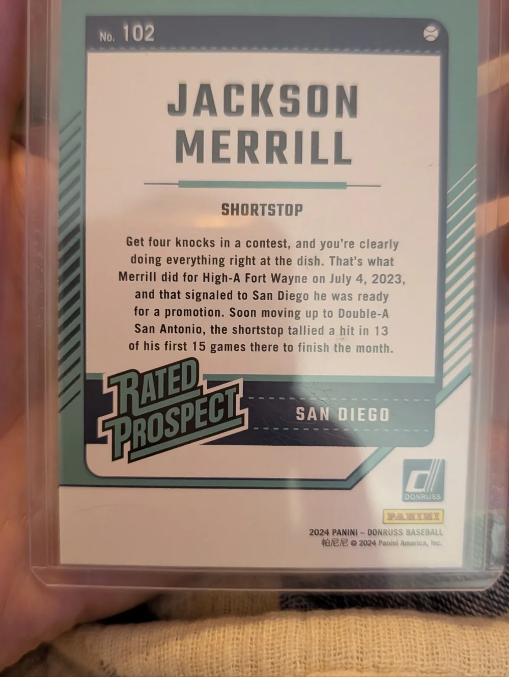 JACKSON MERRILL '24 Panini Donruss - Rated Prospects Green Laser #102 (RC) - Picture 2 of 2